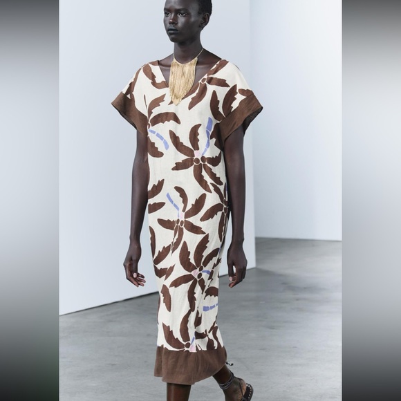Zara limited edition linen blend tropical print kaftan tunic dress